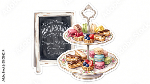 Vector Illustration of a Decorative Pastry Stand Featuring Assorted French Treats Including Macarons Eclairs and Mini Cakes for Tea Time or Celebration
