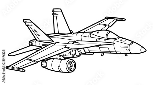 Jet plane coloring page for kids, simple fighter aircraft line art illustration.