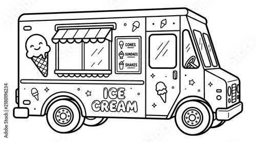 Ice cream truck coloring page for kids, black and white line art illustration.