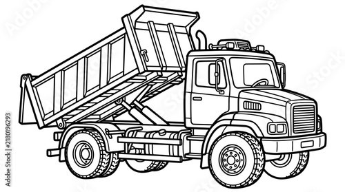 Dump truck coloring page for kids, heavy construction vehicle line art illustration.