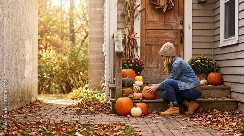 Person sitting on the steps of a rustic front porch decorated with autumn pumpkins, corn stalks, and seasonal flowers, with copy space.