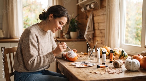 Woman sitting at a wooden kitchen table painting a small autumn craft decoration surrounded by artistic tools, with copy space.