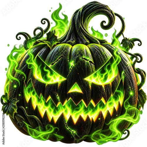 Glowing Green Halloween Jack-o'-Lantern with Fiery Magical Energy PNG
