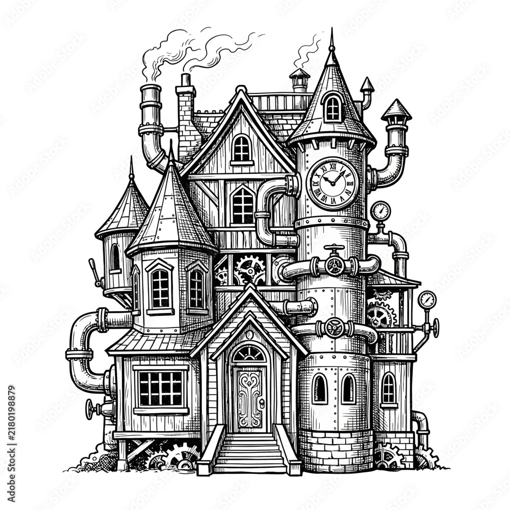Obraz premium Steampunk house illustration with gears and pipes