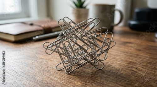 Paperclip sculpture shaped like a geometric sphere sits on a wooden desk next to a notebook and coffee mug.
