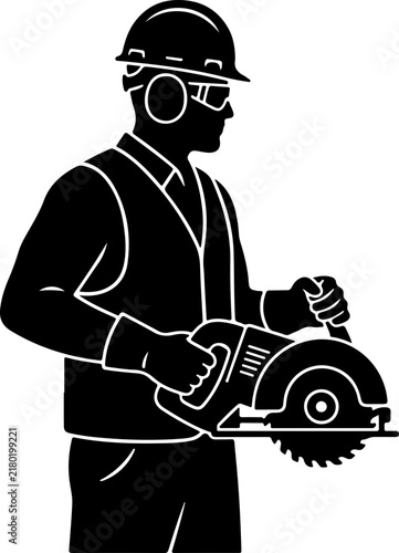 Construction Worker Using Circular Saw SVG Vector, Carpenter and Woodworking Silhouette