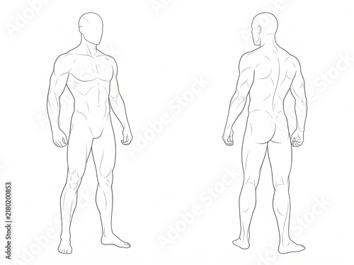 Standing Male Anatomy Reference With Front and Rear Full Body Views Showing Relaxed Neutral Posture and Natural Proportions