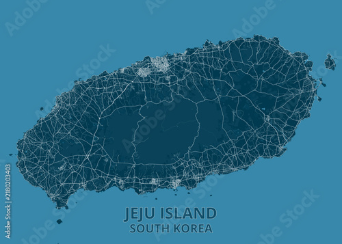 Deep teal and oceanic blue map of Jeju Island, South Korea, highlighting Jeju City, Seogwipo, Hallasan National Park, coastal ring roads, and volcanic topography.