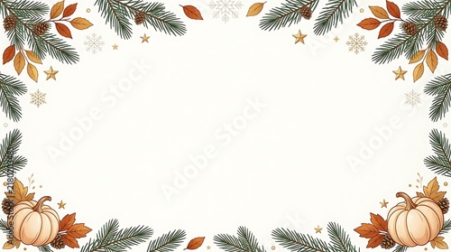 Minimal holiday border illustration with simple pine branches, autumn leaves, and light pumpkins