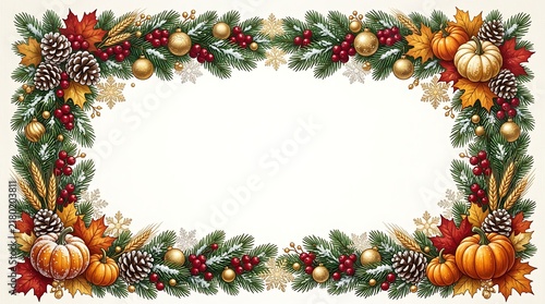 Seasonal holiday invitation border featuring pine branches snow pumpkins and gold baubles