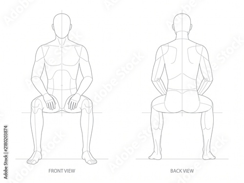 Technical Male Anatomy Reference Displaying Seated Front and Rear Views With Clear Body Structure and Proportional Guidelines