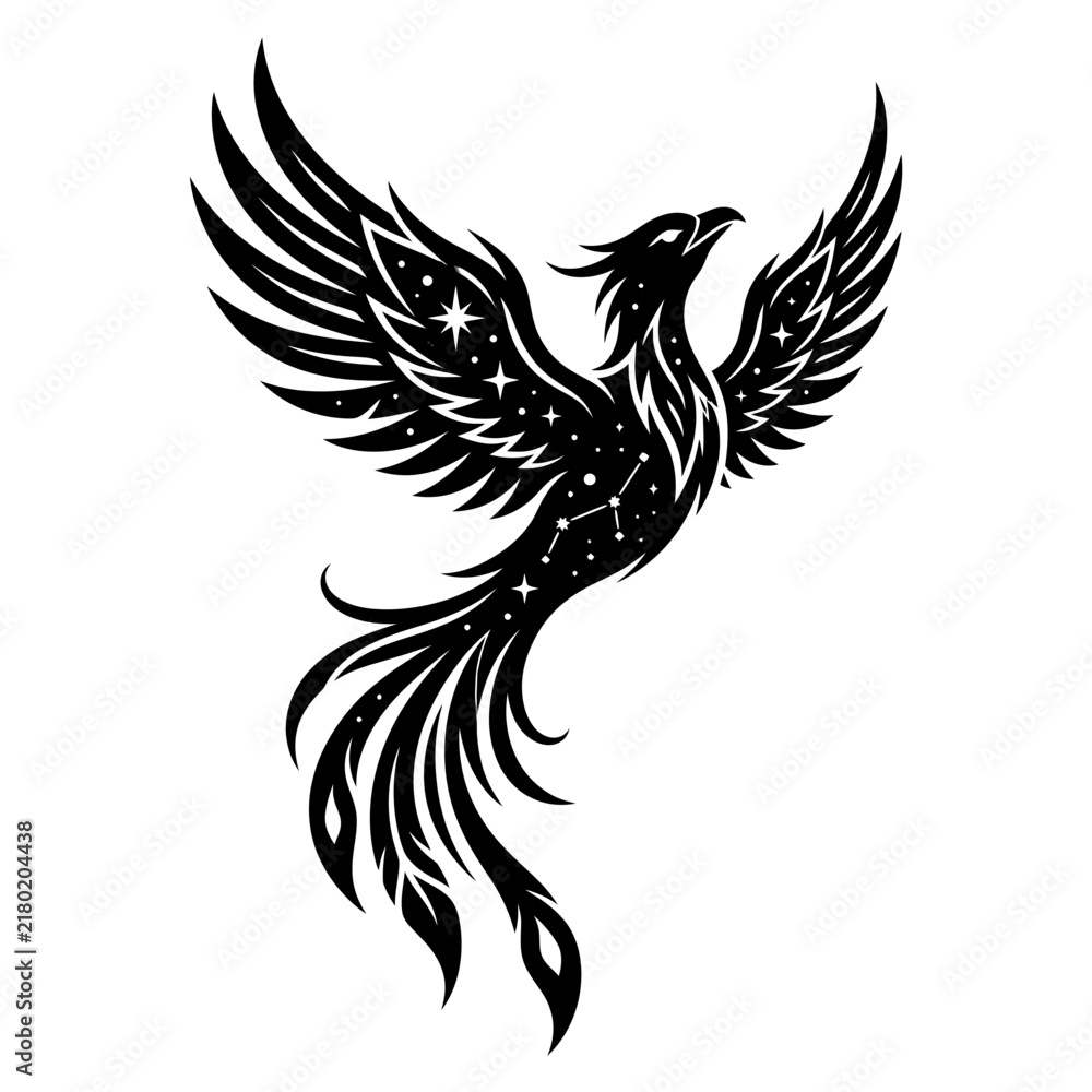 Fototapeta premium Mythical Phoenix Bird With Star Constellations Tattoo Design
