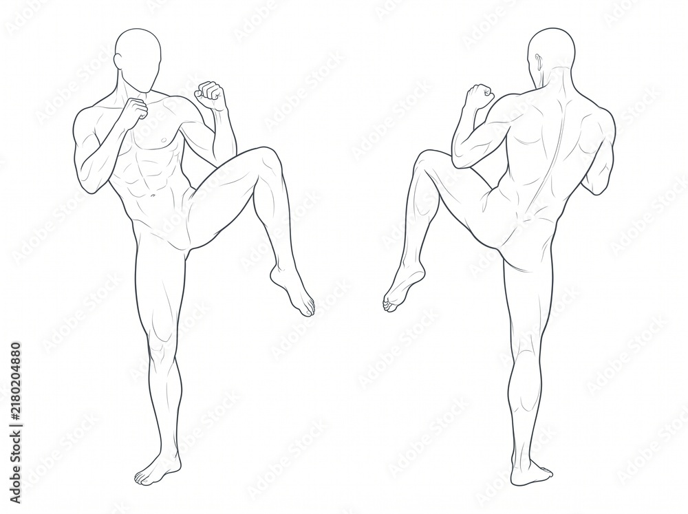 Obraz premium Male Martial Artists Demonstrating High Side Kick Techniques With Raised Legs and Stable Defensive Fighting Positions