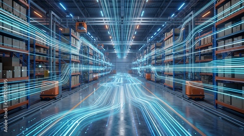 Automated warehouse logistics center with glowing blue light trails representing advanced supply chain management and robotic delivery systems in a high tech industrial storage unit