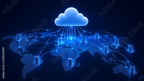Tapety artystyczne 3D global cloud computing network connecting international data centers and databases over a digital world map infrastructure