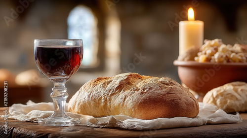 Communion elements of wine cup and bread in a modern church setting during sacred Eucharist ceremony