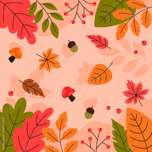 Flat Autumn Leaves and Nature Background Frame