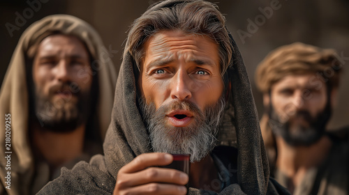 Wedding at Cana scene with the steward tasting new wine in astonishment during a biblical miracle moment