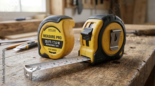 Tape measures resting on a rustic wooden workbench inside a carpenter workshop surrounded by various tools and wood shavings.