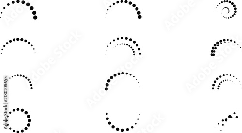 Collection of black dot halftone arcs, spirals, and circular patterns