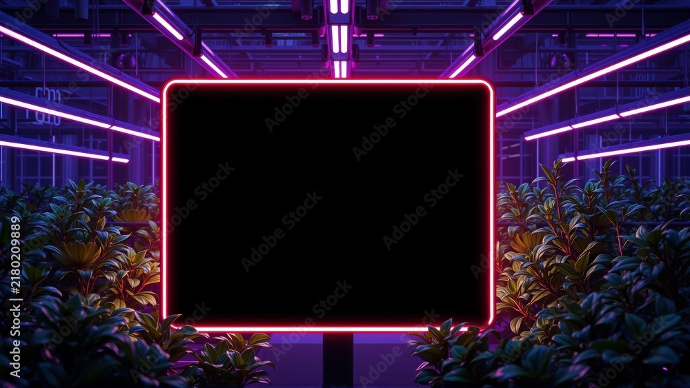 Obraz premium Dark room features blank screen framed by neon lights, lush foliage surrounds display. Futuristic, vibrant aesthetic dominates scene.