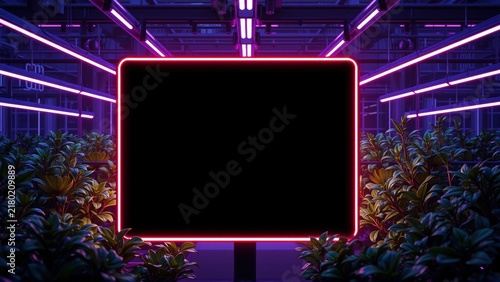 Dark room features blank screen framed by neon lights, lush foliage surrounds display. Futuristic, vibrant aesthetic dominates scene.