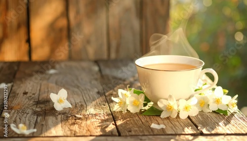 Serene Tea Time - Cup Amidst Daffodils on Rustic Wood.