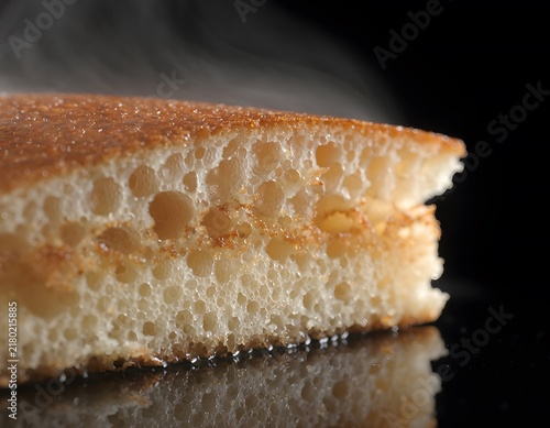 Macro view of a golden-brown pancake cross-section, revealing light, airy sponge texture with internal pockets. Gentle steam highlights its warmth and deliciousness