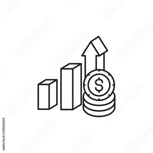 Bar chart with upward arrow and dollar coin stack icon for financial growth investment business success profit revenue increase economic progress