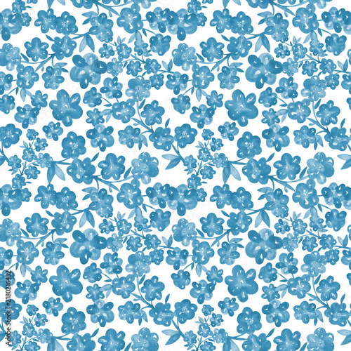 Pastel blue ditsy flowers seamless watercolor floral pattern on a white background