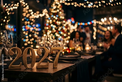 Elegant 2027 New Year Celebration with Bokeh Lights and Festive Decor