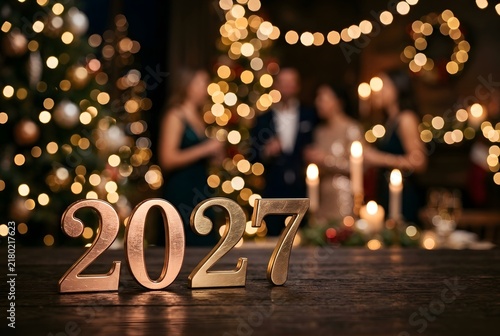 Elegant 2027 New Year Celebration with Golden Numerals and Festive Background