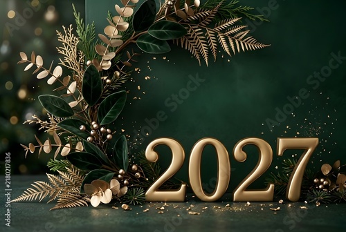 Elegant Golden 2027 New Year Celebration with Greenery and Gold Accents