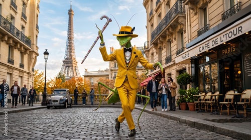 Praying Mantis in Yellow Suit Walking on Paris Street with Eiffel Tower Illustration