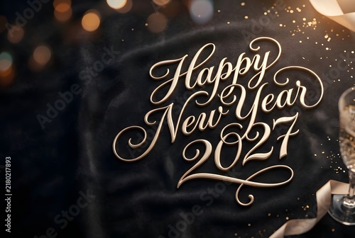 Elegant Happy New Year 2021 Script on Black Satin Background with Gold Glitter and Bokeh Lights