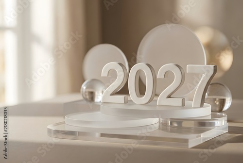 Elegant White 2027 Year Decorative Numerals with Glass Spheres and Modern Display Stand