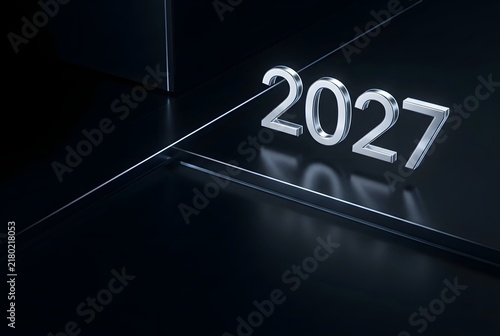Futuristic 3D Silver 2027 Number Display on Dark Background