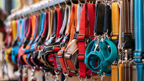 Colorful dog harnesses and leashes hanging in pet shop