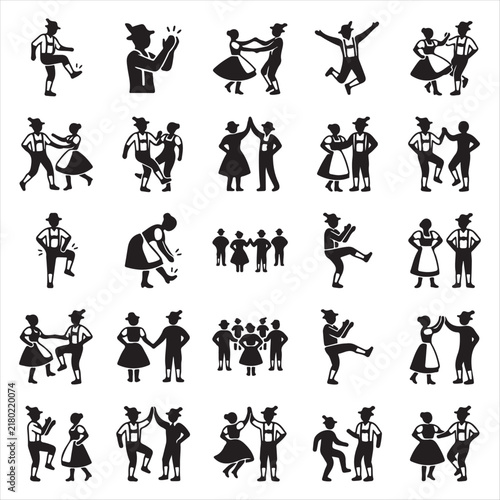 Set of bavarian people dancing traditional folk dance silhouettes with bavarian dancers oktoberfest people german dancers cultural dance silhouette folk costume traditional festival