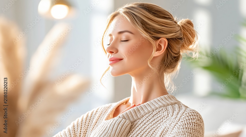 Obraz premium Serene Woman Relaxing Indoors with Eyes Closed, Enjoying Peaceful Moment of Calm and Mindfulness
