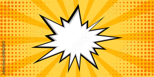 Pop art comic speech bubble burst vector illustration, blank explosive starburst cloud with copy space on yellow orange sunburst background for cartoon promo banner, sale poster, and web header design
