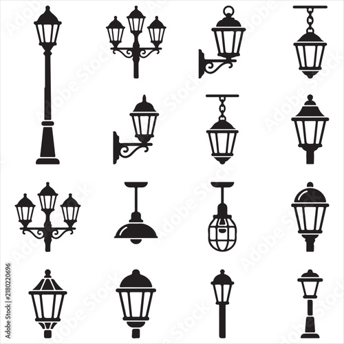 Street lights and lanterns icons set black vector illustration with lanterns illustration lighting exterior architecture silhouette isolated background electric illumination infrastructure