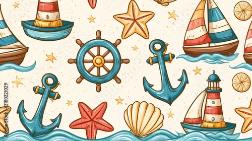 Nautical marine seamless pattern with sailing elements