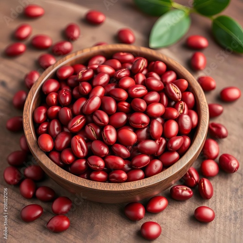 Red beans in wooden bowl on rustic table