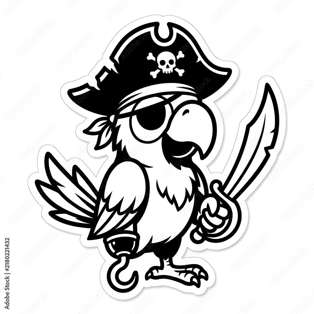 Obraz premium Cartoon pirate parrot character wearing a captain hat holding a sword