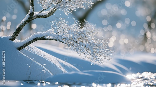 Enchanting winter landscape with a snow-covered tree branch and sparkling snowfall, evoking serene beauty and peacefulness