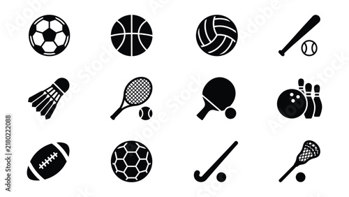 Set of black and white icons for various popular sports equipment and balls