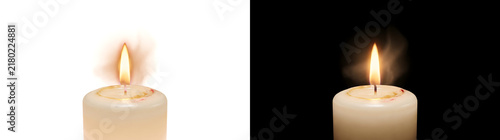 Konstfotografi Pillar candle glows softly with a bright flame and gentle smoke for decor use, P
