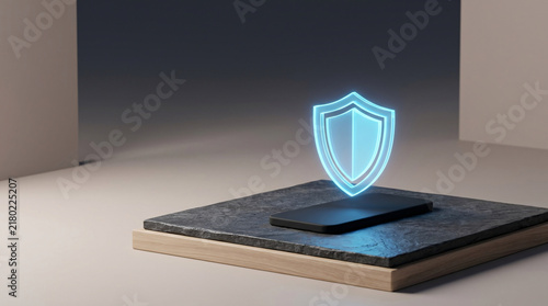 A glowing blue shield hologram hovers protectively above a smartphone, symbolizing digital security and data protection.