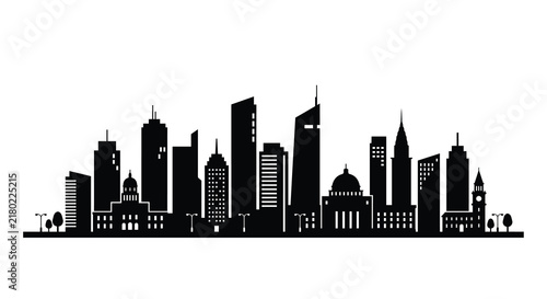 City skyline silhouette against a white background showcases urban architecture